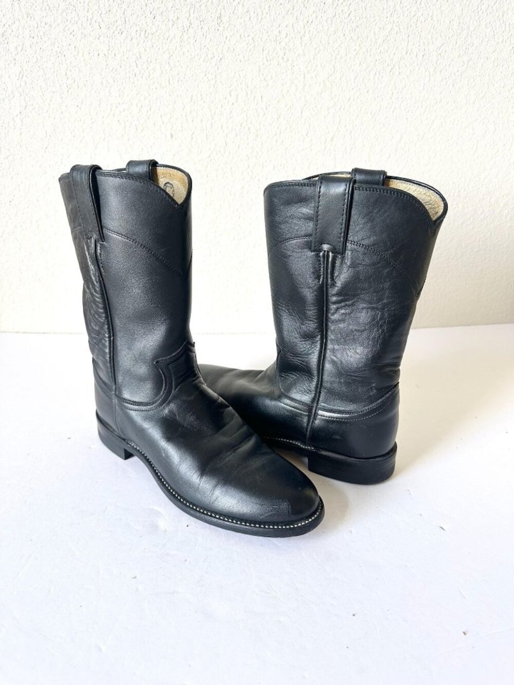Vintage Justin Black Roper Cowboy Boots Womens 7.5 Leather Western Cowgirl L3703